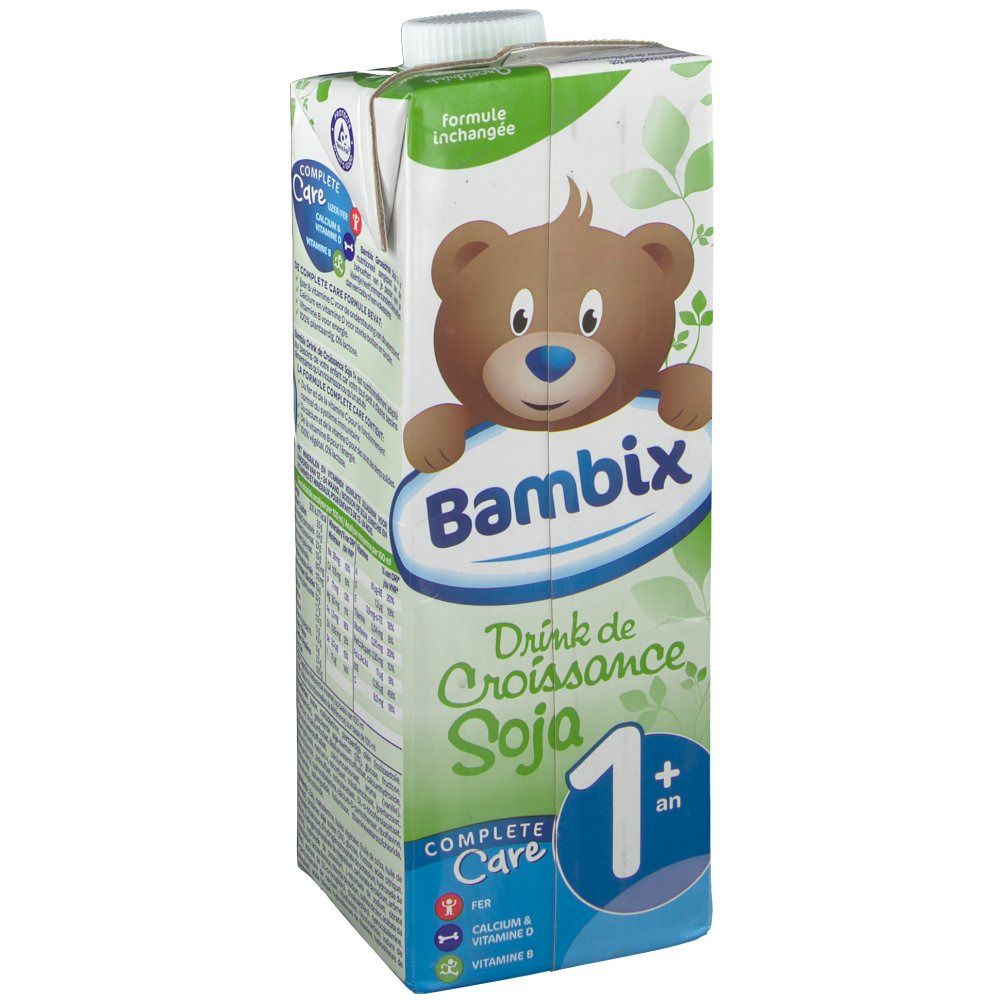 Brique de boisson avec logo Bambix et illustration d'ours. Inscription : Drink de Croissance, Soja, 1+. Contient Complete Care.