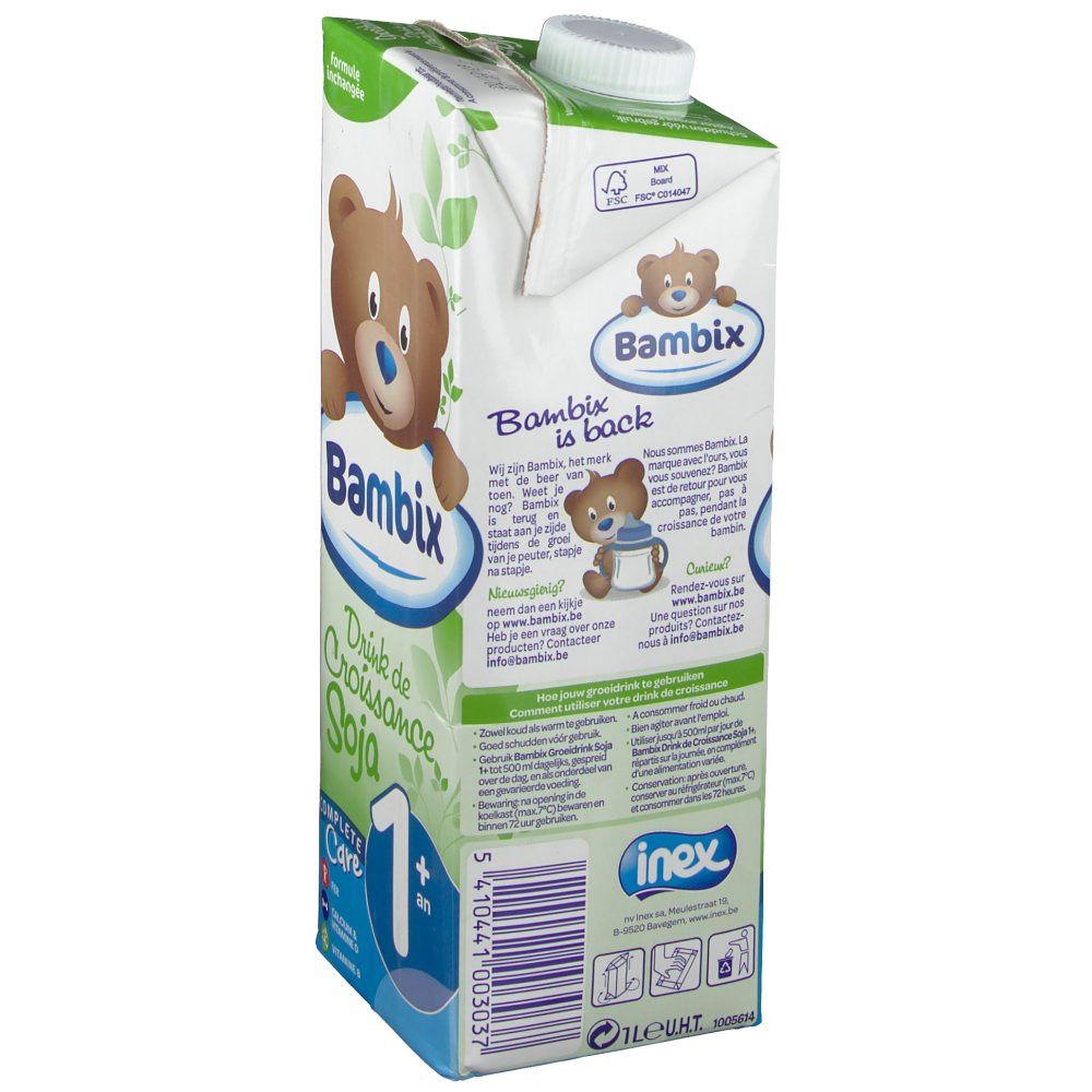Dos de la brique de boisson avec logo Bambix et illustration d'ours. Contient des informations sur le produit et la marque.