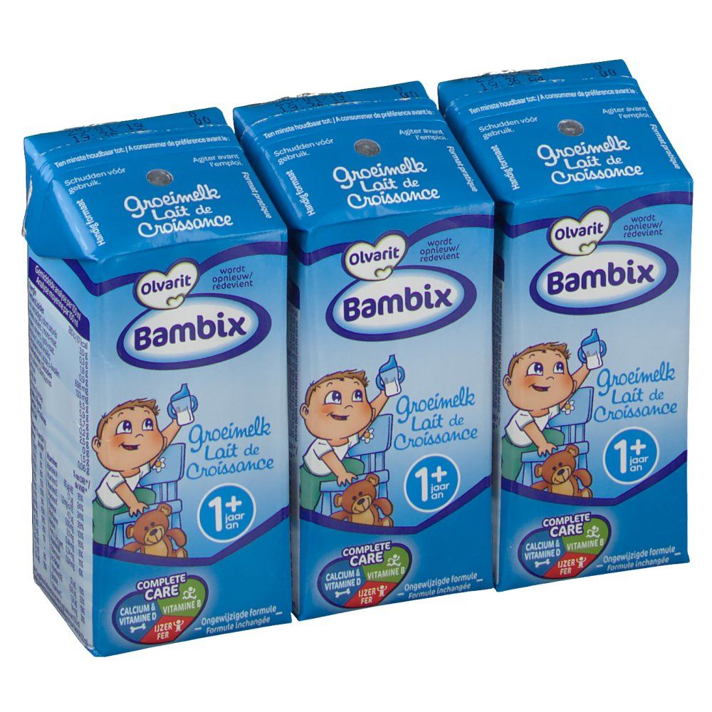 Tre confezioni di Olvarit Bambix Grow Milk +1y. Ogni confezione mostra un bambino che beve latte, il logo e '1+'.
