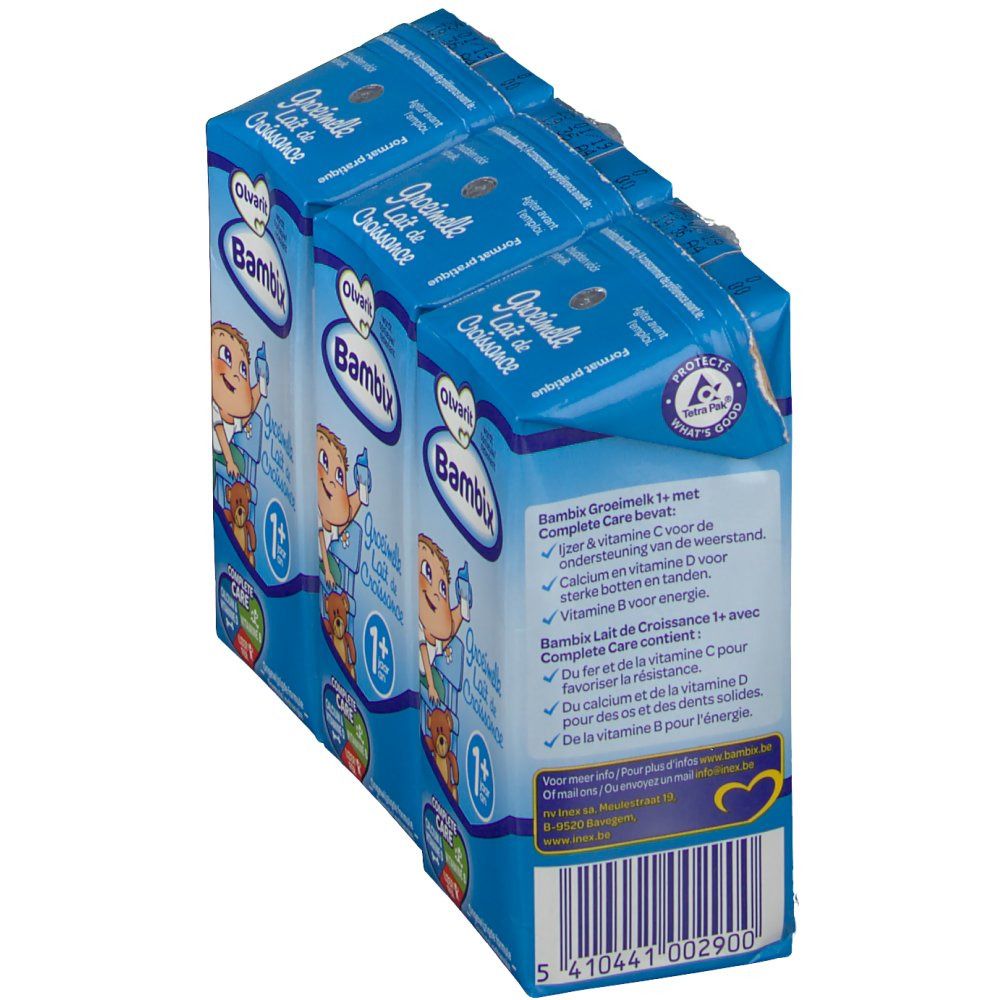Tre confezioni di Olvarit Bambix Grow Milk +1y. Il retro mostra testo e loghi, tra cui 'Complete Care'.