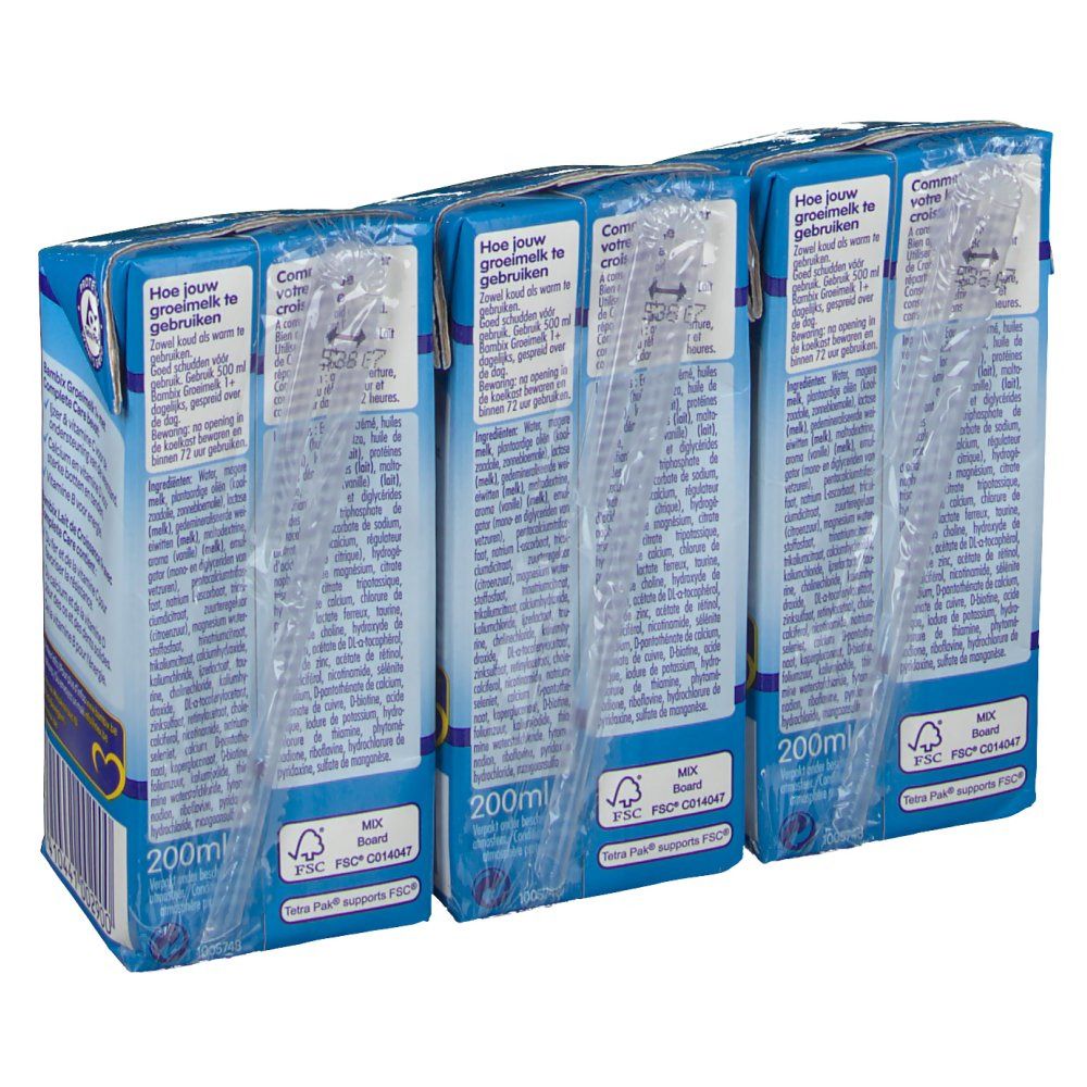 Vista posteriore di tre confezioni Olvarit Bambix Grow Milk +1y. Sono visibili la confezione e la scritta '200ml'.