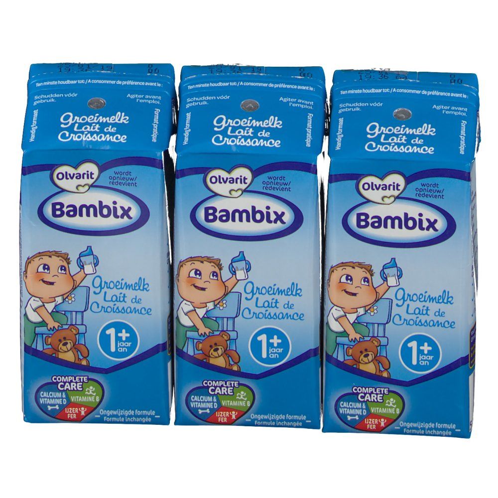 Tre confezioni di Olvarit Bambix Grow Milk +1y. Ogni confezione mostra un bambino che beve latte, il logo e '1+'.