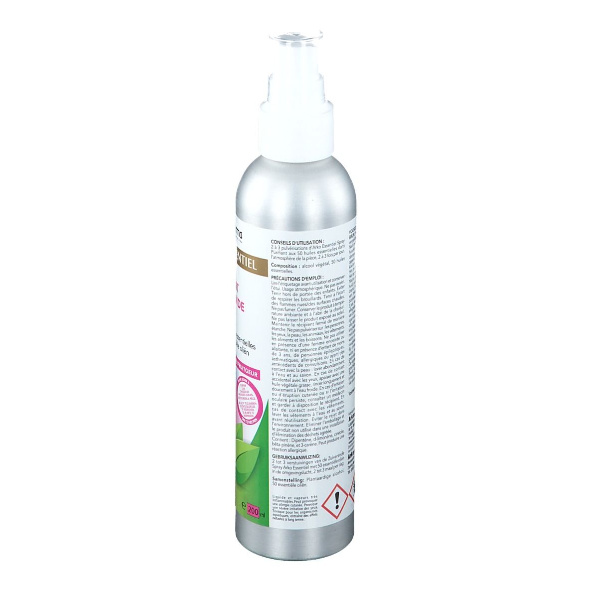 Dos du flacon spray argenté. Informations textuelles sur l'étiquette. Avertissements et logos.