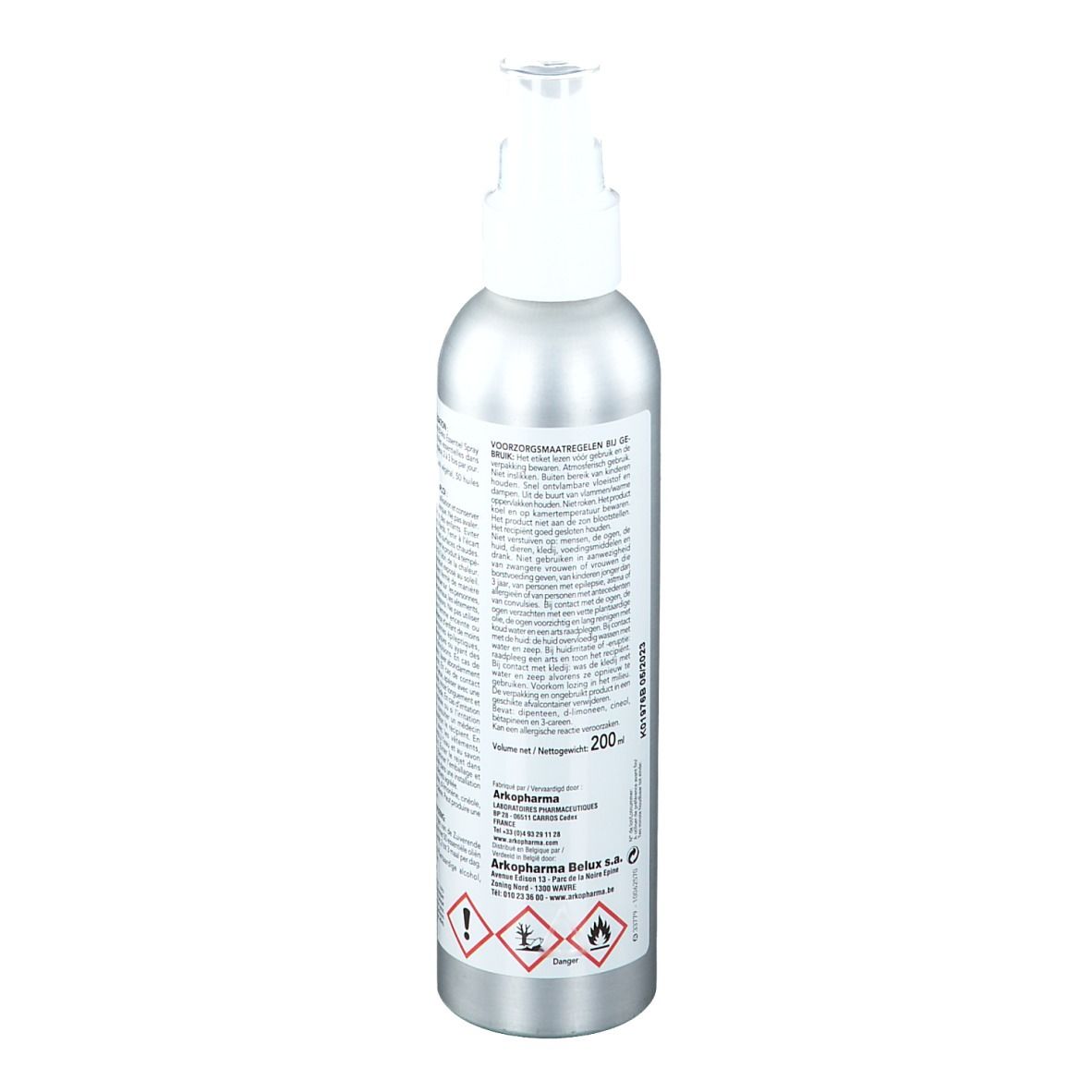 Dos du flacon spray argenté. Informations textuelles sur l'étiquette. Avertissements et logos.