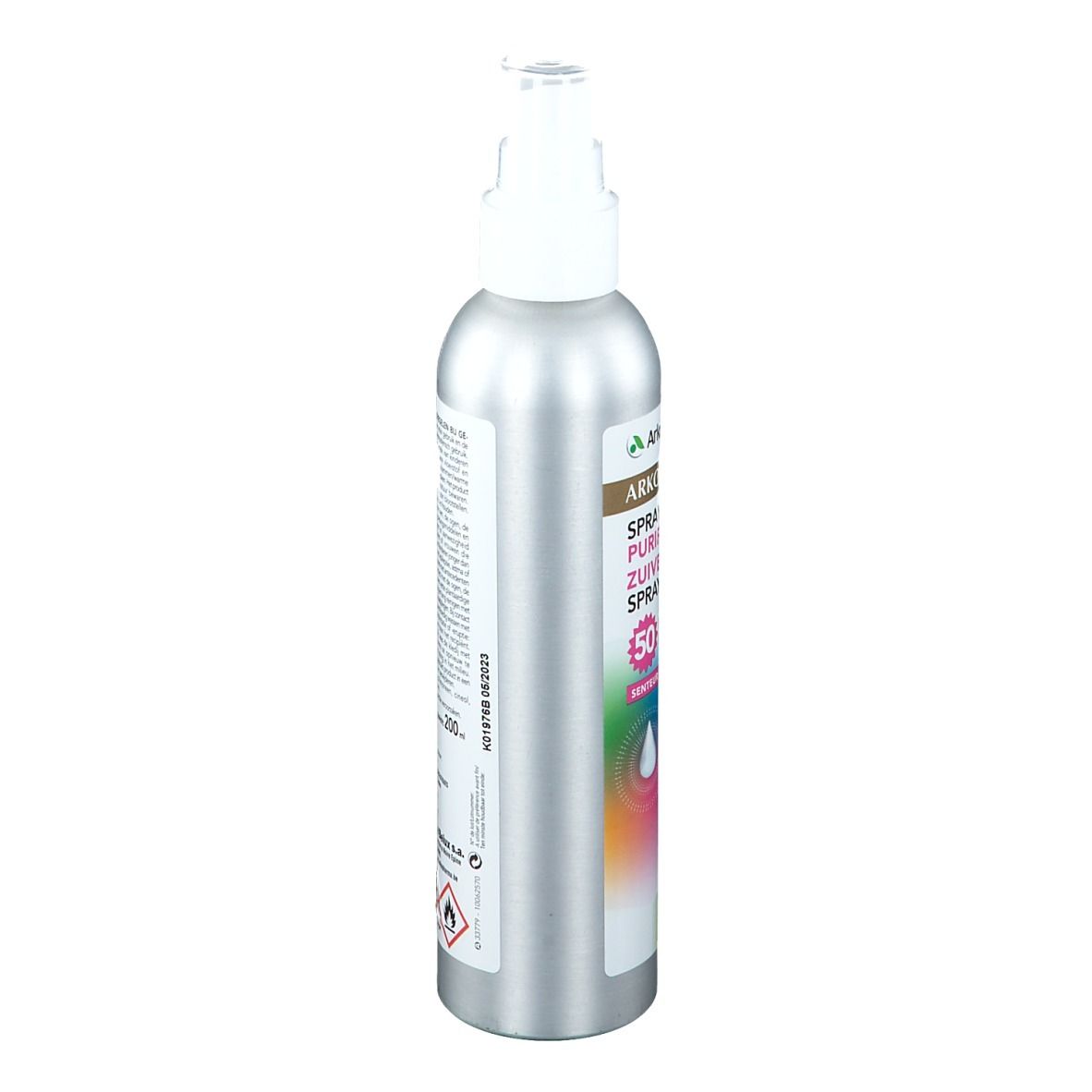 Vue latérale du flacon spray argenté. Informations textuelles sur l'étiquette. Avertissements et logos.