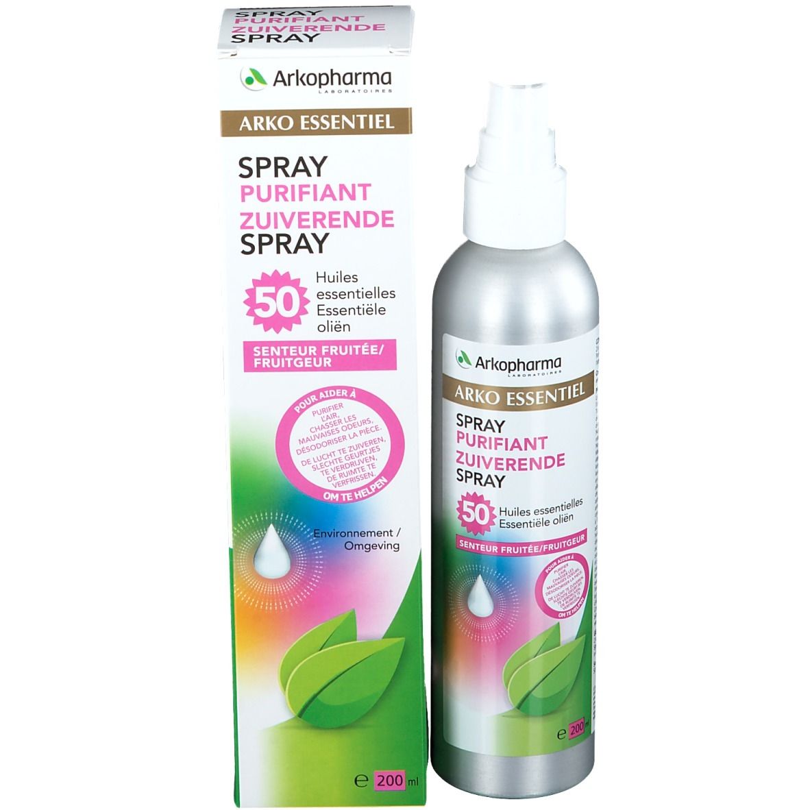 Produit et emballage. Flacon spray argenté et carton. Étiquettes avec informations et logo.