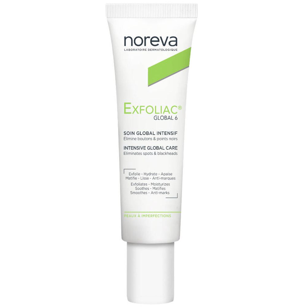 Weiße Tube mit grünem Akzent. Aufschrift: noreva, Exfoliac Global 6, Intensive Global Care. Enthält Text in Französisch.