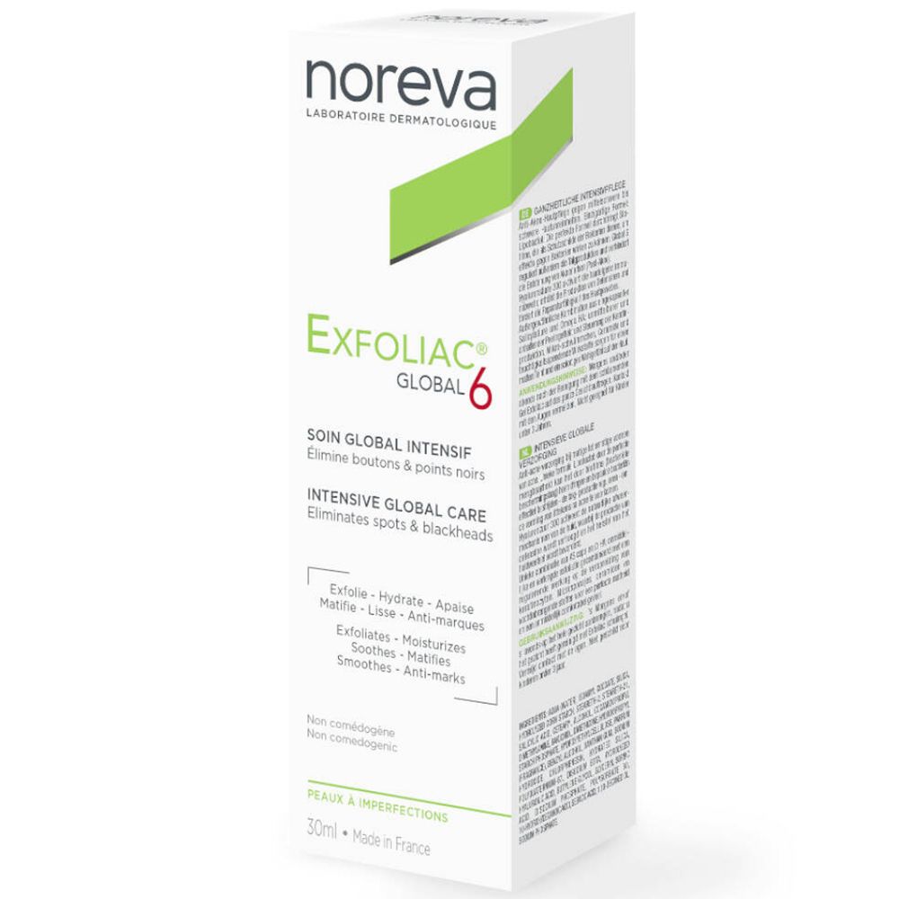 Weiße Verpackung mit grünem Akzent. Aufschrift: noreva, Exfoliac Global 6, Intensive Global Care. Enthält Text in Französisch.