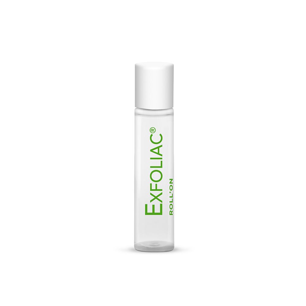 Flacon roll-on transparent avec bouchon blanc. Inscription EXFOLIAC® ROLL'ON en vert.