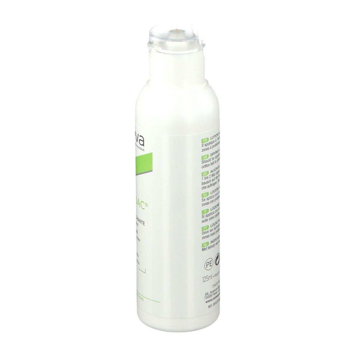 Flacon blanc avec étiquette verte. Inscription: Noreva Exfoliac Lotion asséchante. Verso avec texte multilingue.