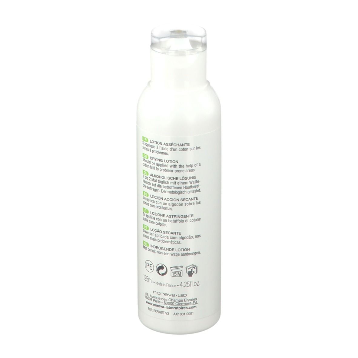 Flacon blanc avec étiquette verte. Inscription: Noreva Exfoliac Lotion asséchante. Verso avec texte multilingue.