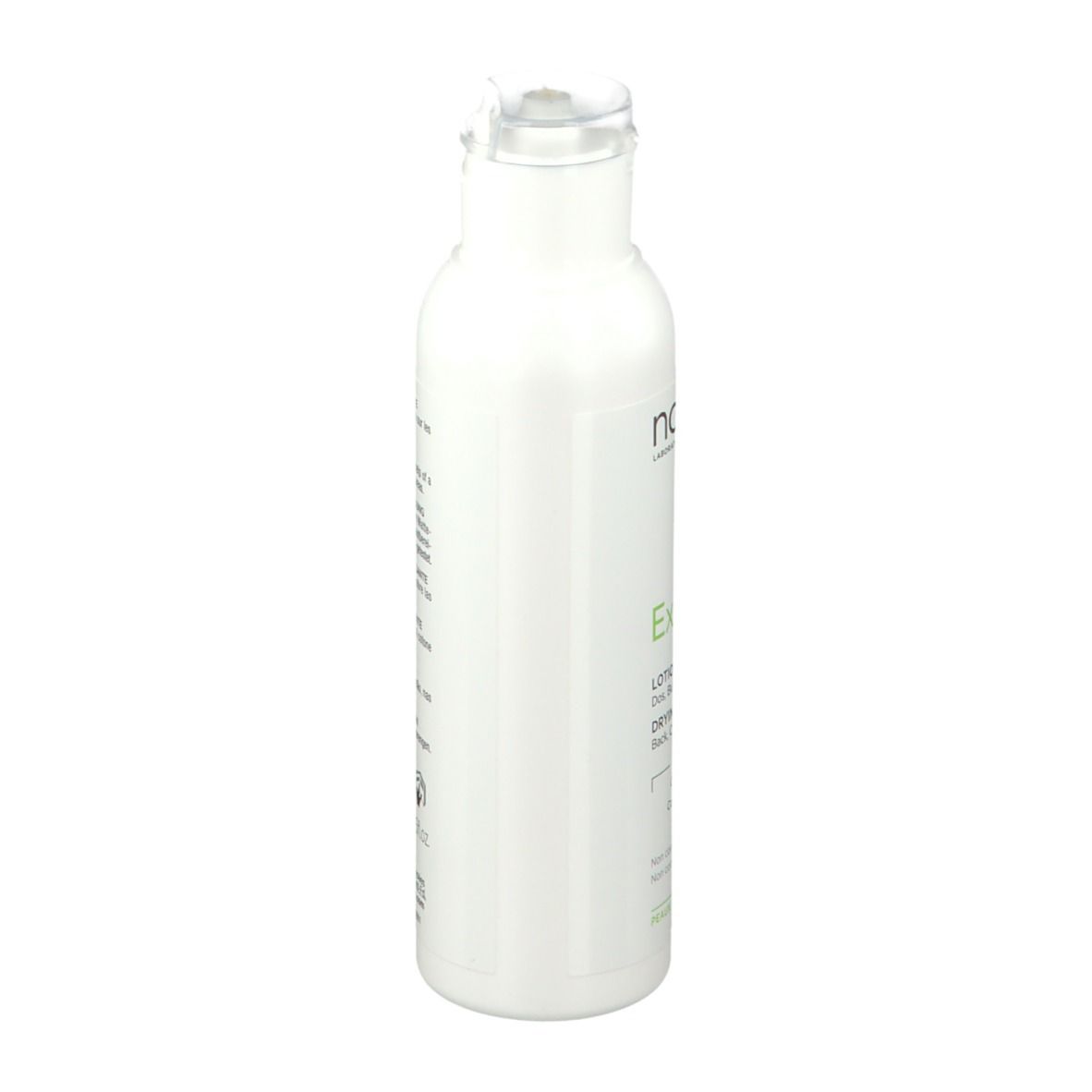 Flacon blanc avec étiquette verte. Inscription: Noreva Exfoliac Lotion asséchante. Verso avec texte multilingue.