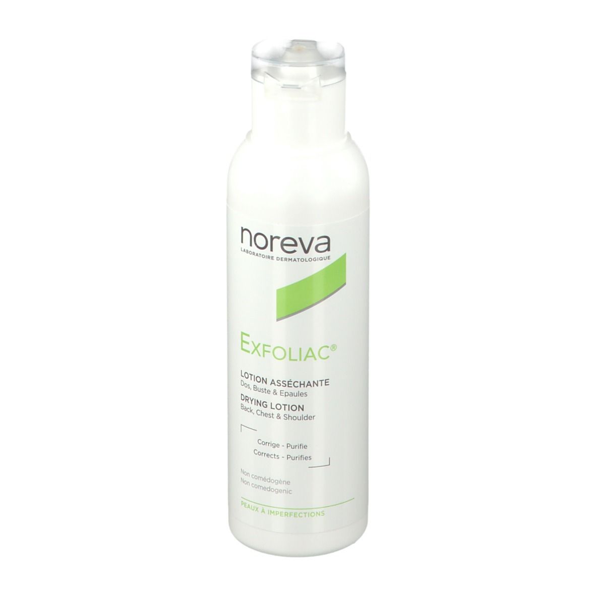 Flacon blanc avec étiquette verte. Inscription: Noreva Exfoliac Lotion asséchante. Pour dos, poitrine et épaules.