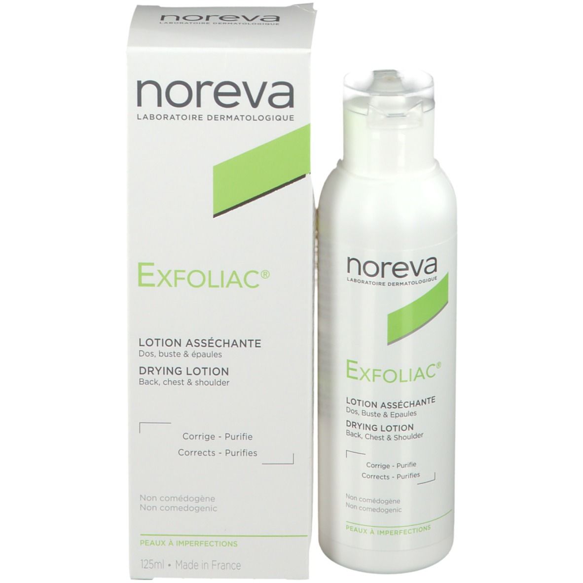 Emballage produit avec flacon et boîte. Inscription: Noreva Exfoliac Lotion asséchante. Pour dos, poitrine et épaules.