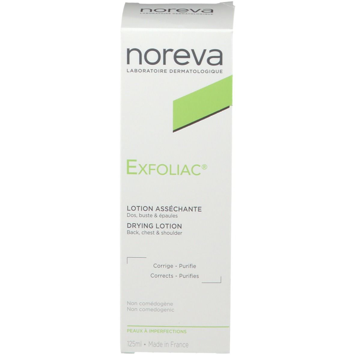 Emballage produit. Inscription: Noreva Exfoliac Lotion asséchante. Pour dos, poitrine et épaules. 125ml.