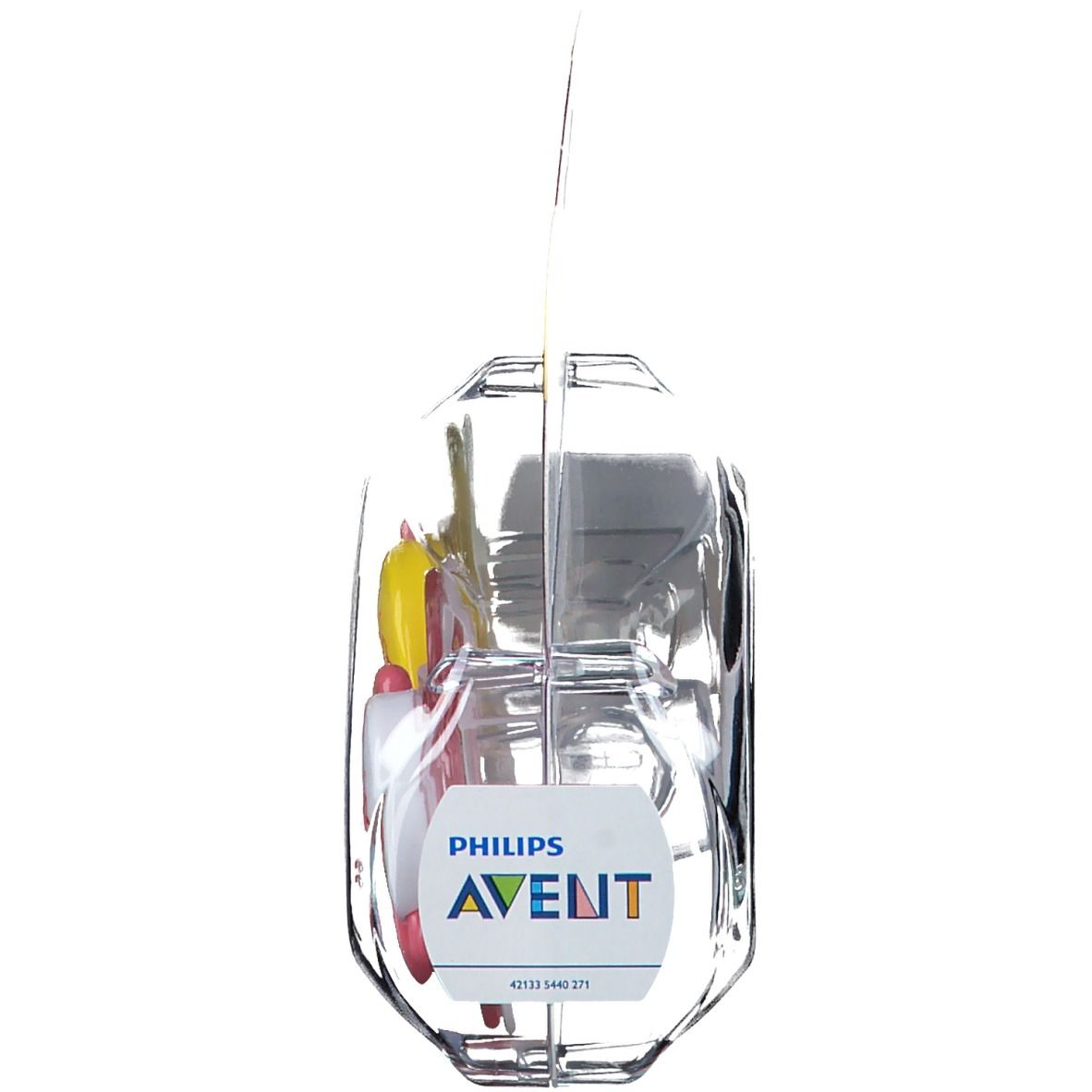 Verpakking met twee fopspenen. Philips AVENT logo. Transparante plastic verpakking met hanger.