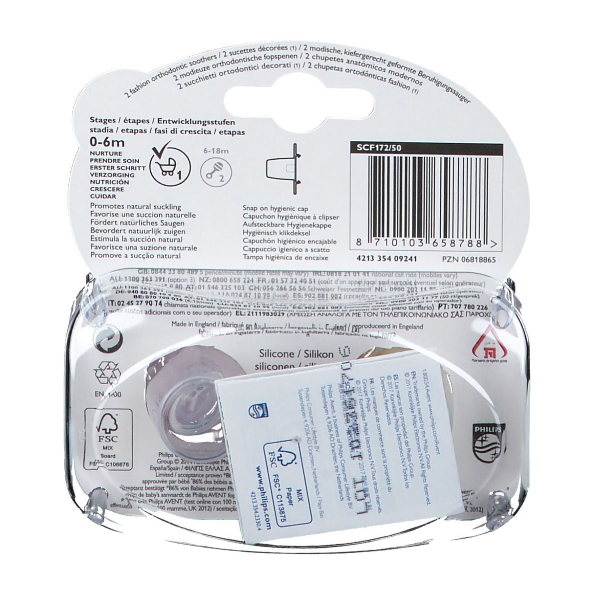 Achterkant van de verpakking met productinformatie. Philips AVENT logo. Meertalige tekst. FSC-certificering.