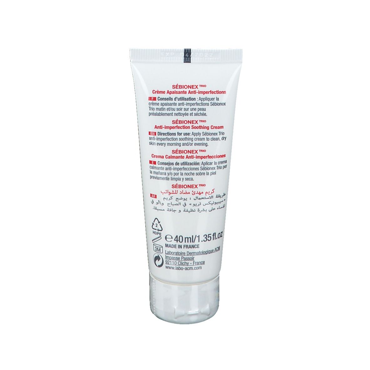 Dos du tube de crème. Textes multilingues, dont français, anglais, arabe. 40ml/1.35 fl.oz.