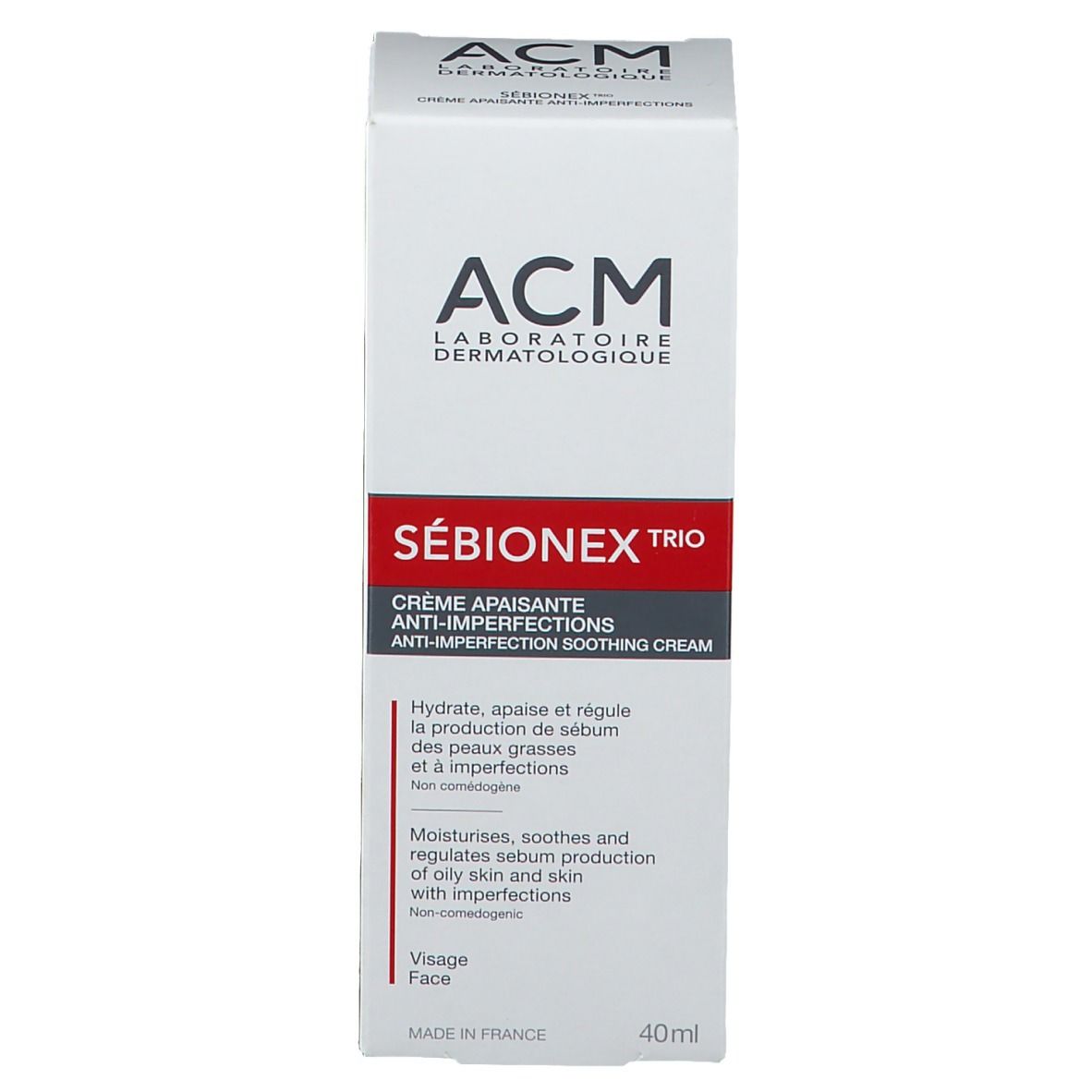 Emballage du produit. Blanc, rouge, avec nom du produit et marque. Textes en français et anglais. 40ml.