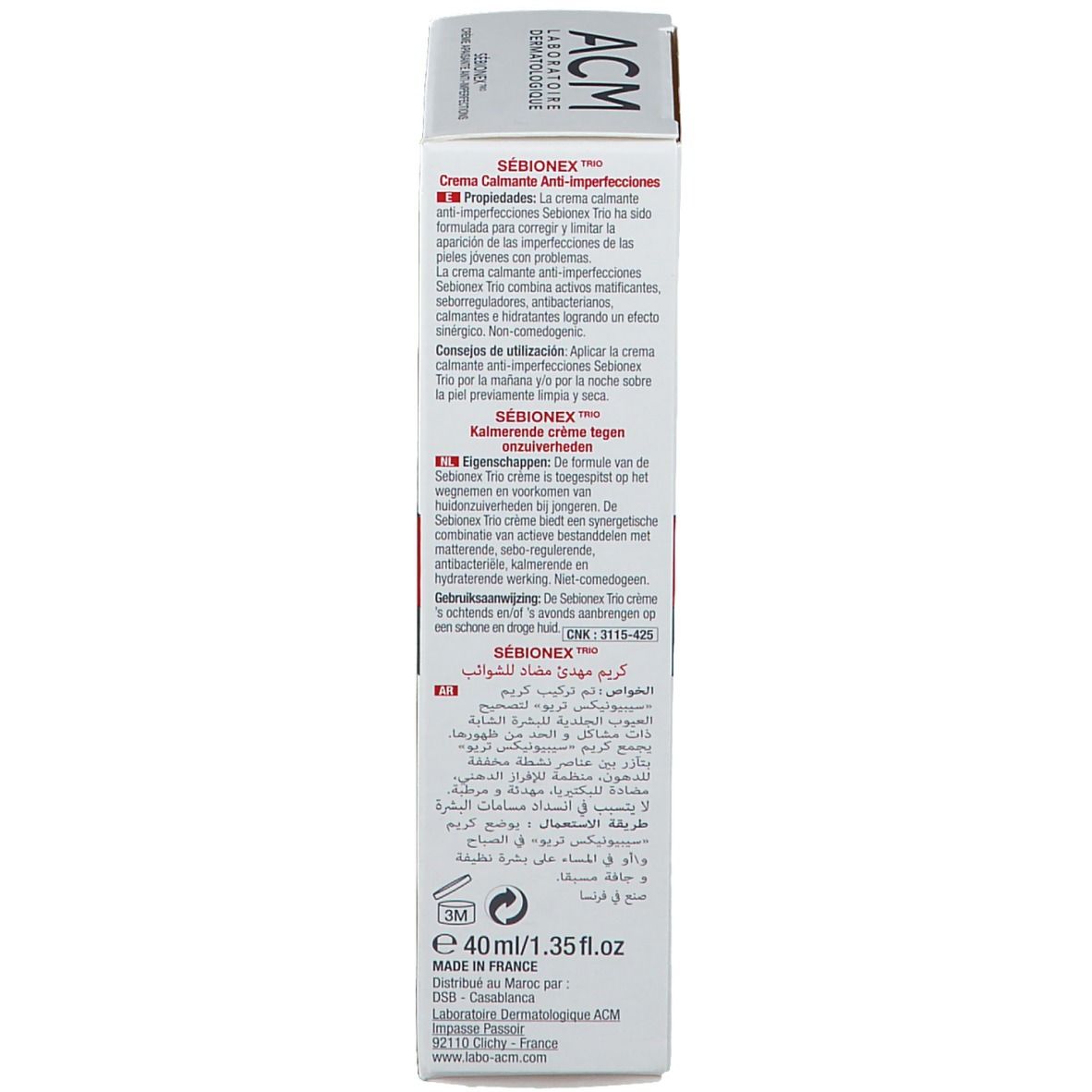 Emballage du produit. Vue latérale avec textes multilingues, dont français, anglais, arabe. 40ml/1.35 fl.oz.