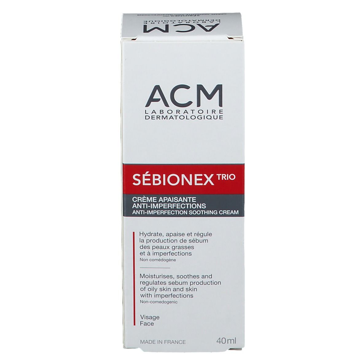 Emballage du produit. Vue de face: blanc, rouge, avec nom du produit et marque. Textes en français et anglais. 40ml.