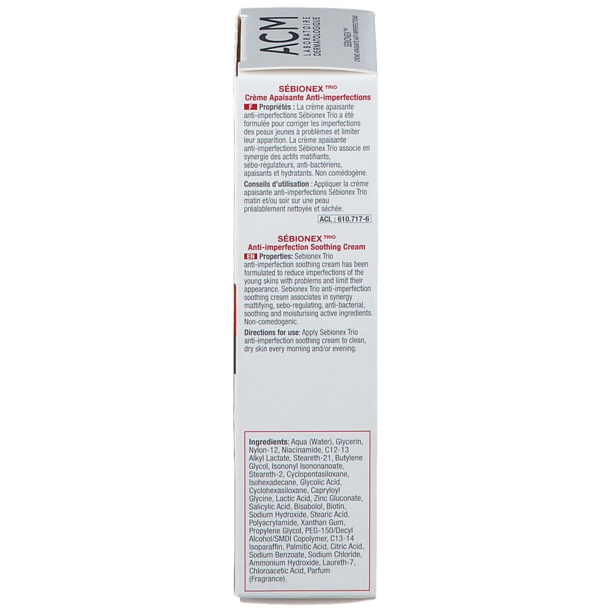 Emballage du produit. Vue latérale avec ingrédients et texte en anglais. Contient Aqua, Glycérine, Niacinamide.