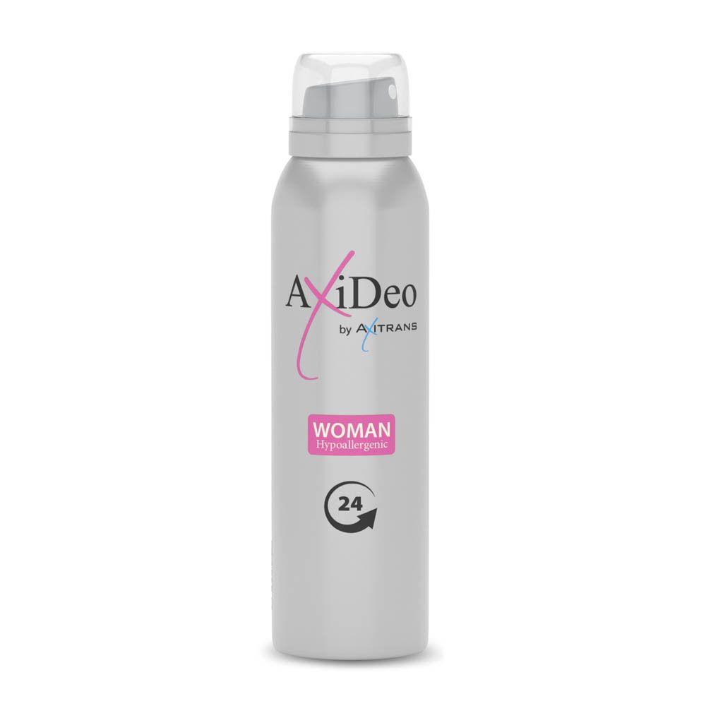 Flacon de déodorant argenté avec inscriptions roses et blanches. Texte: AxiDeo Woman, protection 24h, hypoallergénique.