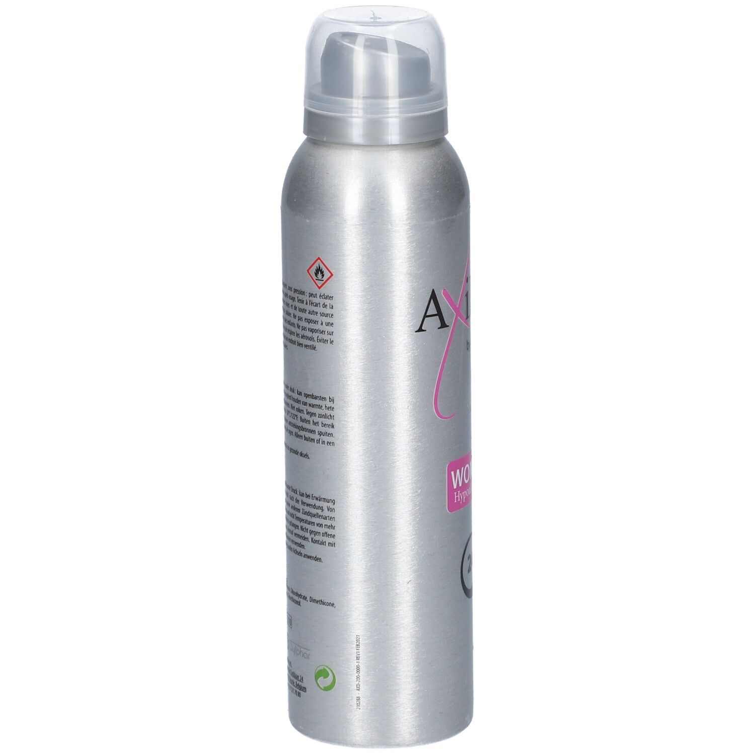 Flacon de déodorant argenté avec inscriptions. Avertissements et texte. Texte: AxiDeo, Woman, hypoallergénique, protection 24h.