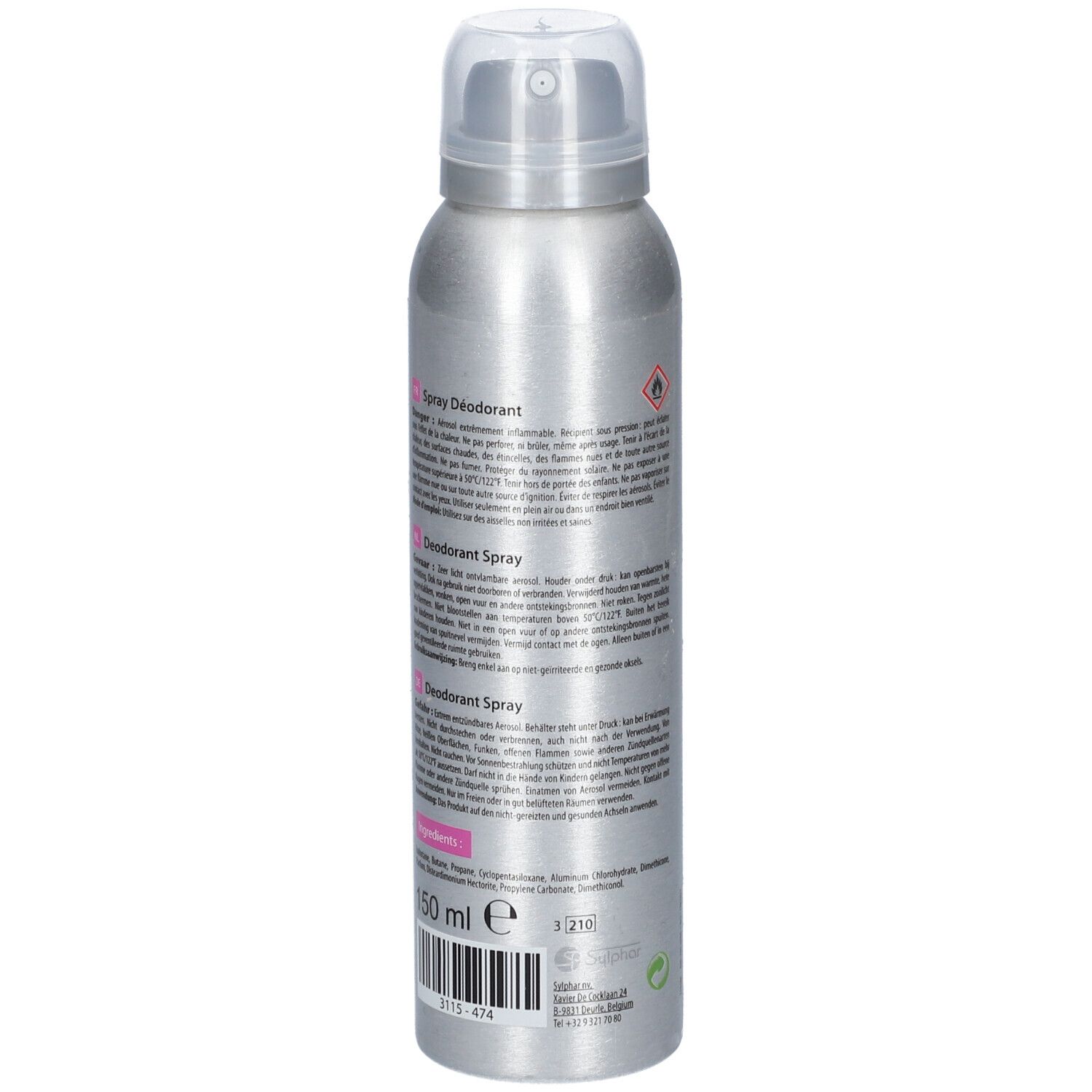 Dos d'un flacon de déodorant argenté. Texte: Déodorant Spray, ingrédients, 150 ml. Avertissements et texte en plusieurs langues.