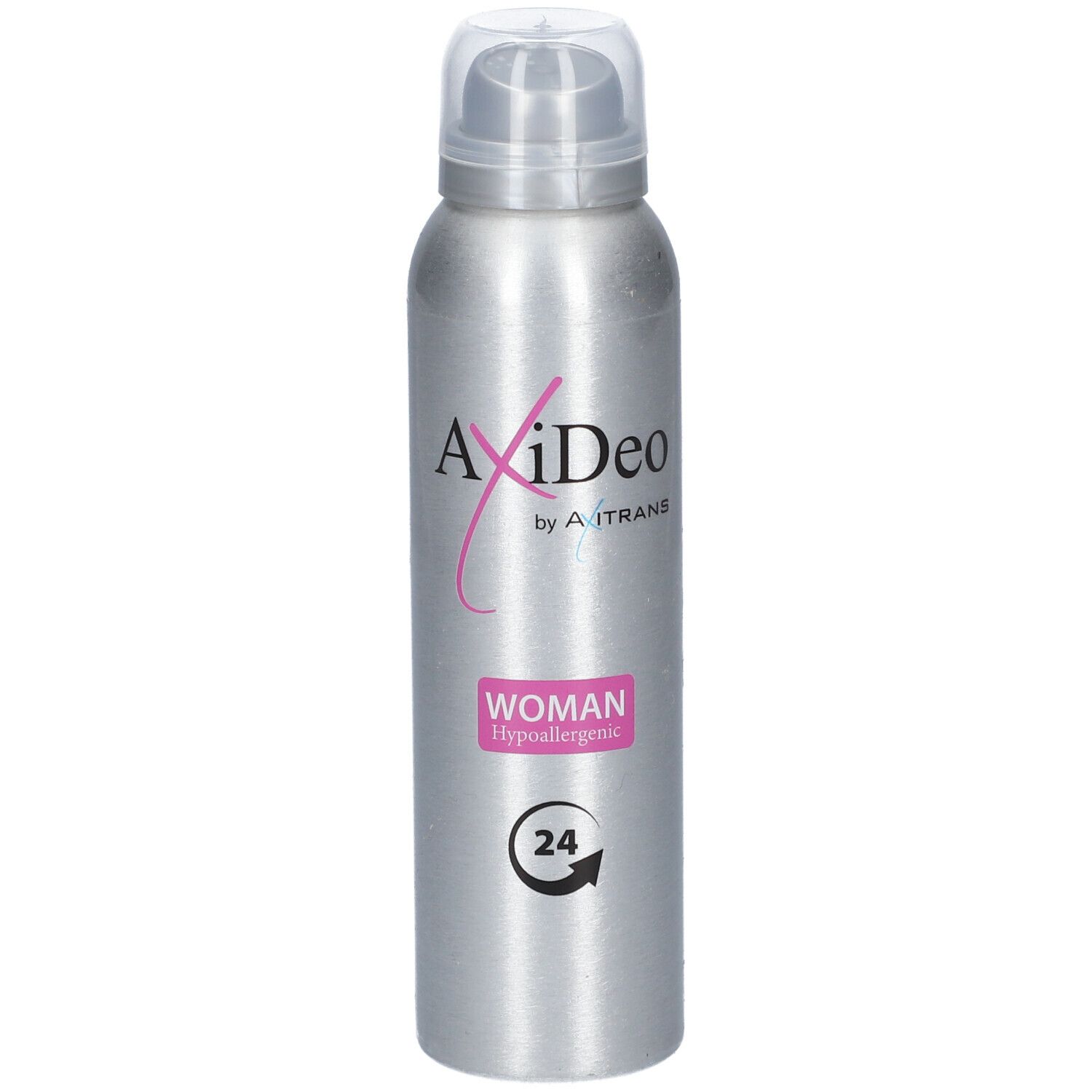 Flacon de déodorant argenté avec inscriptions roses et blanches. Texte: AxiDeo Woman, protection 24h, hypoallergénique.