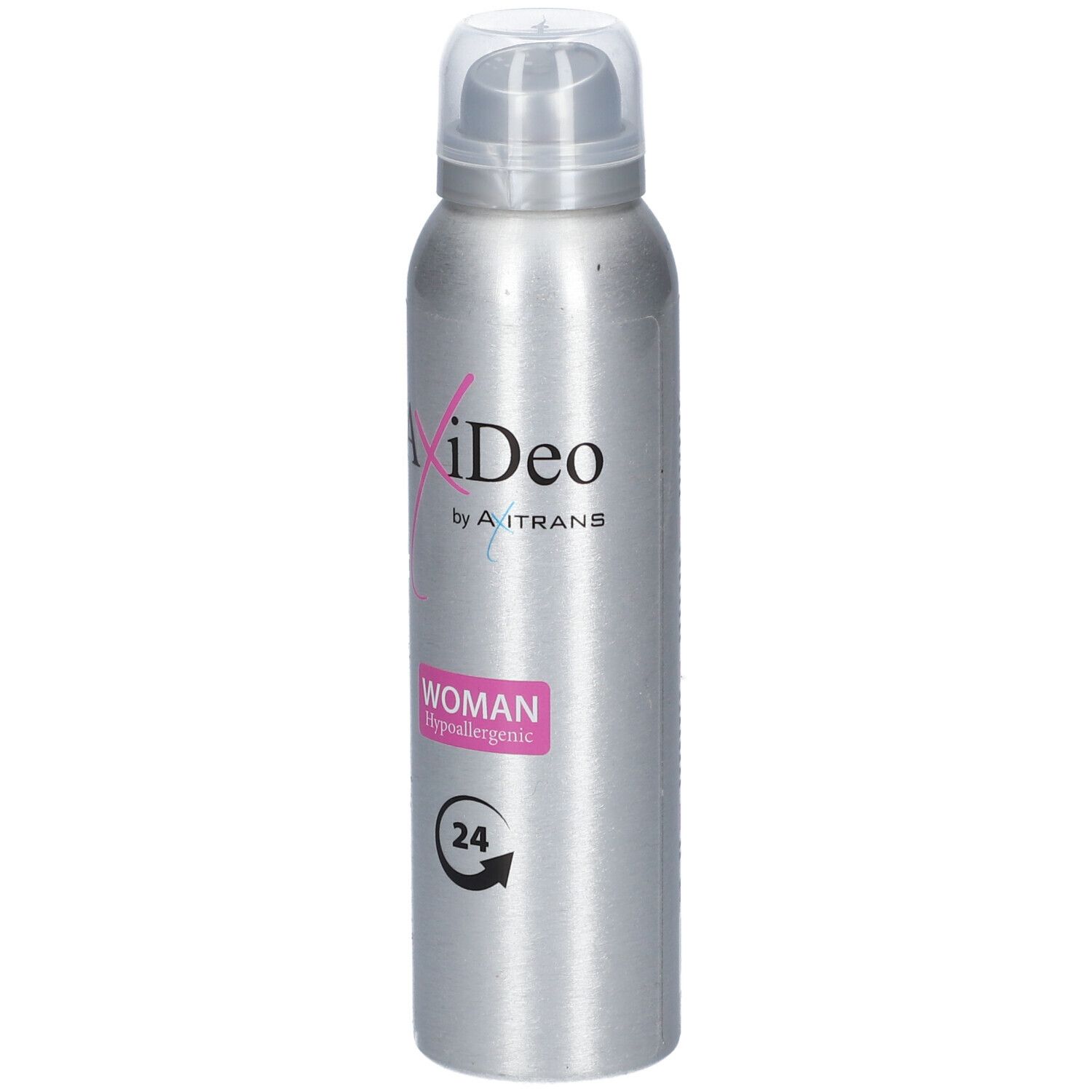 Flacon de déodorant argenté avec inscriptions roses et blanches. Texte: AxiDeo Woman, protection 24h, hypoallergénique.
