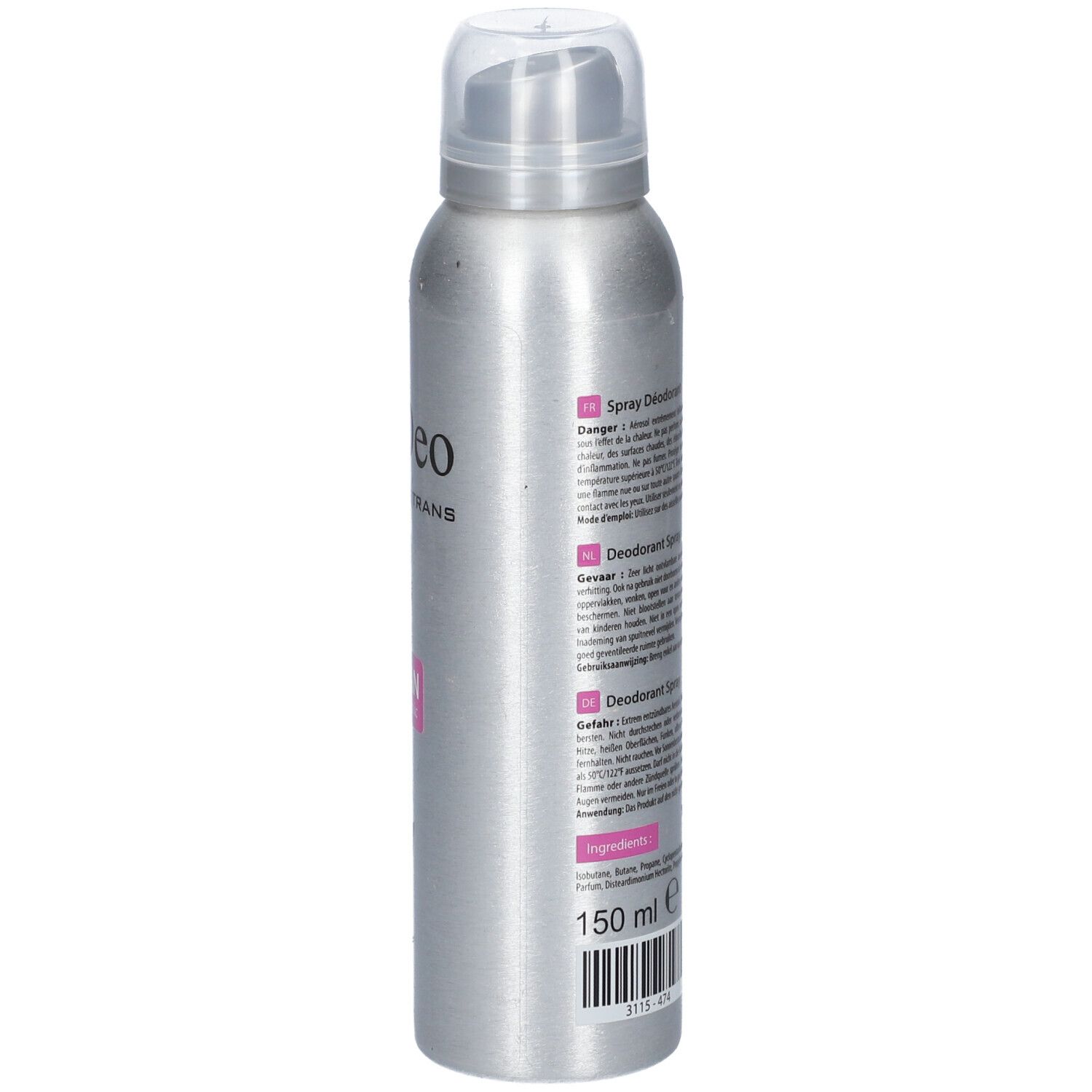 Dos d'un flacon de déodorant argenté. Texte: Déodorant Spray, ingrédients, 150 ml. Avertissements et texte en plusieurs langues.