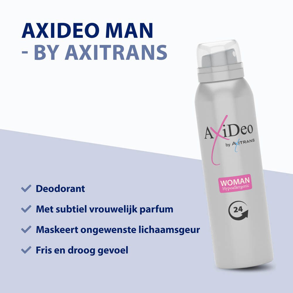 Deodorant spray fles met tekst en logo's. Tekst: AxiDeo Woman, Deodorant, 24 uur bescherming, hypoallergeen. Achtergrond met tekst.