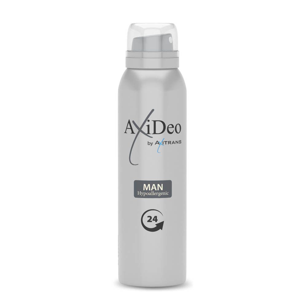 Déodorant AxiDeo Men 24 h. Bouteille argentée avec bouchon blanc. Inscription: MAN, Hypoallergénique, 24.