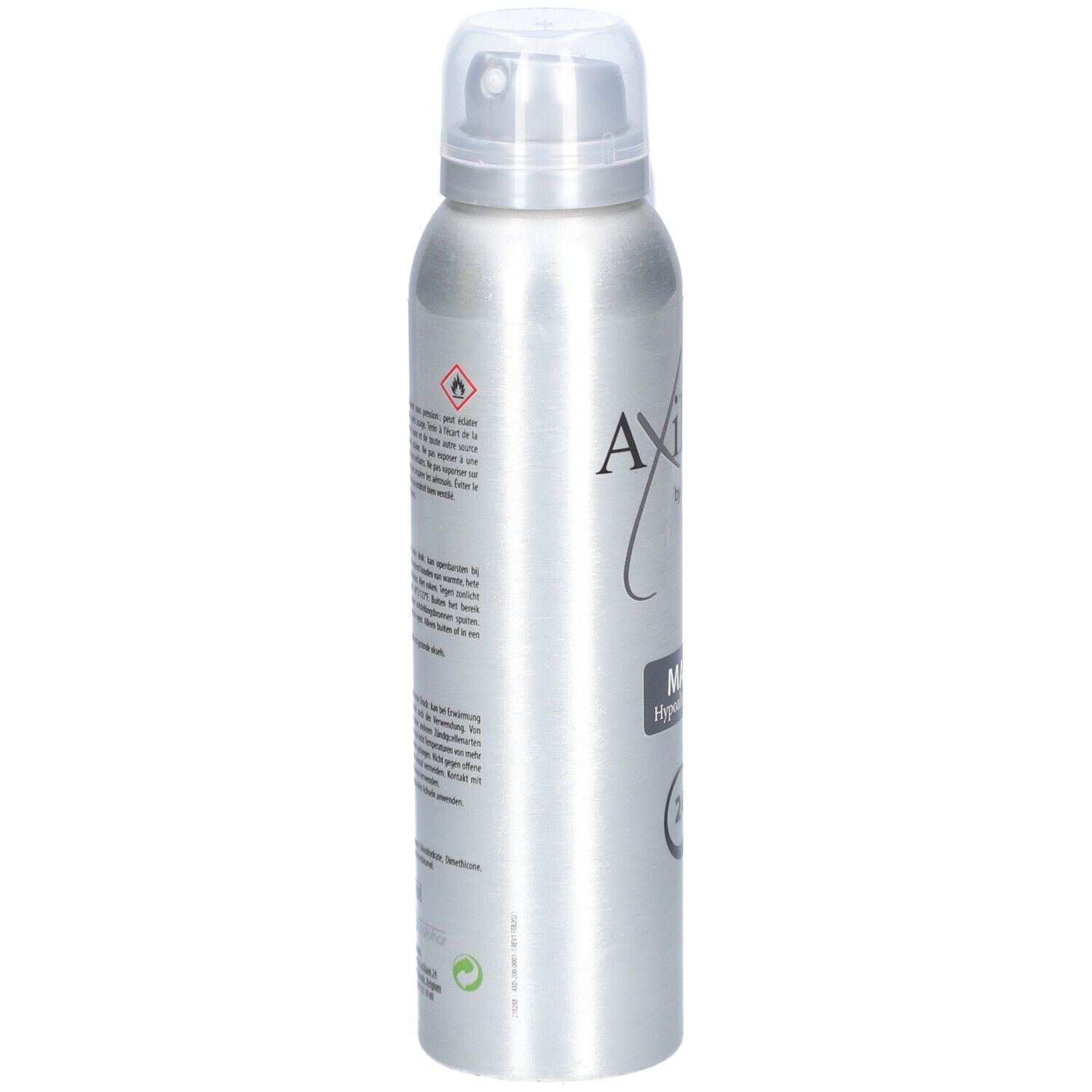 Déodorant AxiDeo Men 24 h. Bouteille argentée avec bouchon blanc. Inscription: MAN, Hypoallergénique, 24. Texte au dos.