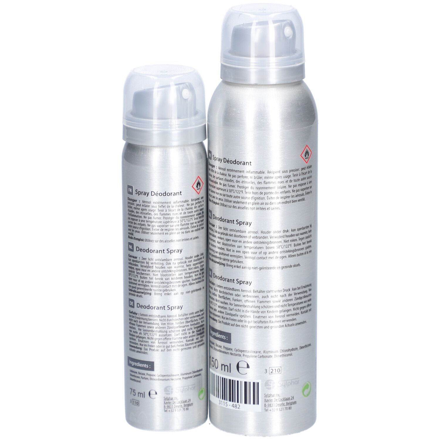 Deux déodorants AxiDeo Men 24 h. Bouteilles argentées avec bouchon blanc. Inscription: MAN, Hypoallergénique, 24. Texte au dos.