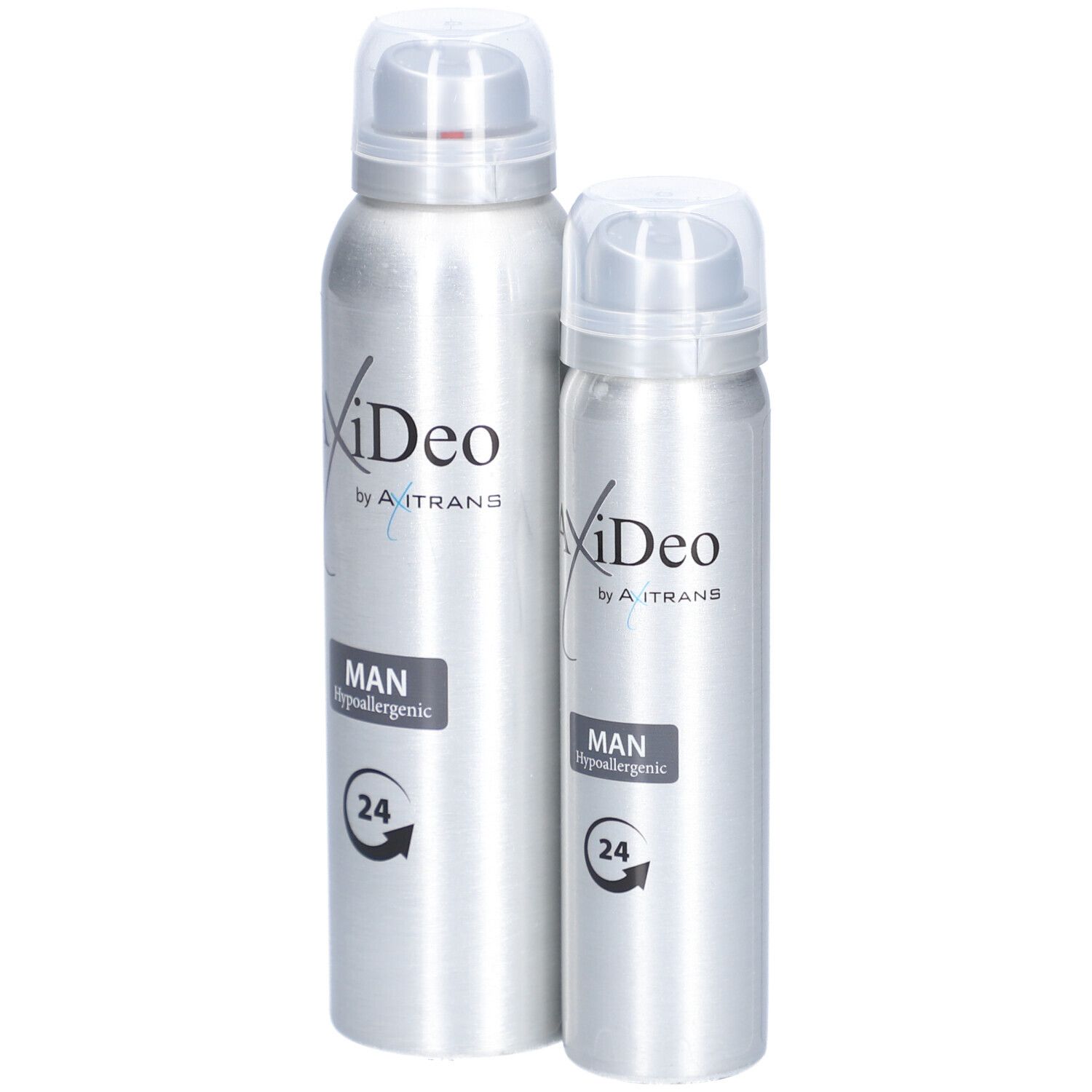 Deux déodorants AxiDeo Men 24 h. Bouteilles argentées avec bouchon blanc. Inscription: MAN, Hypoallergénique, 24.
