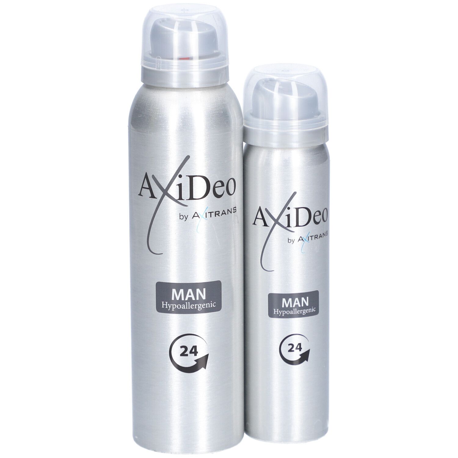 Deux déodorants AxiDeo Men 24 h. Bouteilles argentées avec bouchon blanc. Inscription: MAN, Hypoallergénique, 24.