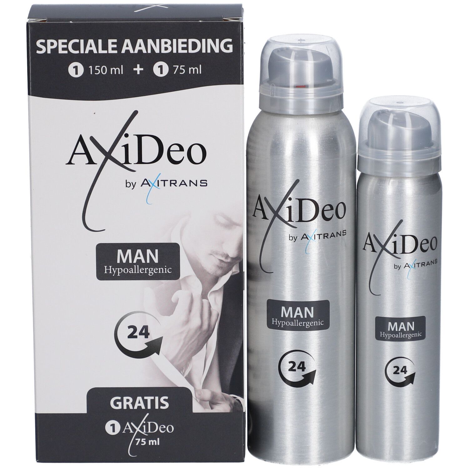 Déodorant AxiDeo Men 24 h et emballage. Bouteilles argentées avec bouchon blanc. Inscription: MAN, Hypoallergénique, 24.