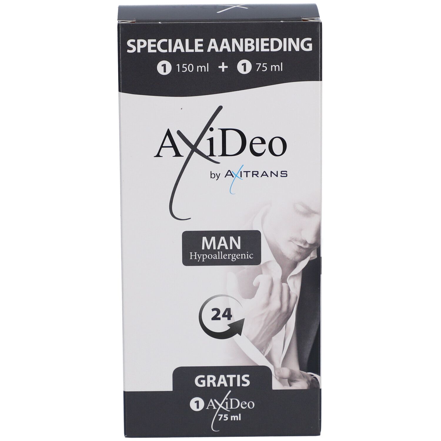 Emballage AxiDeo Men 24 h. Inscription: MAN, Hypoallergénique, 24. Avec image du produit.