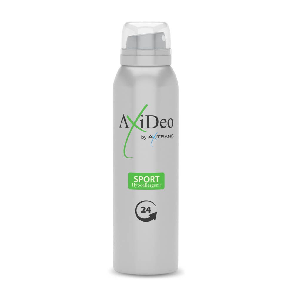 AxiDeo Sport deodorant spray. Zilveren spuitfles met groen etiket. 24-uurs bescherming. Hypoallergeen.