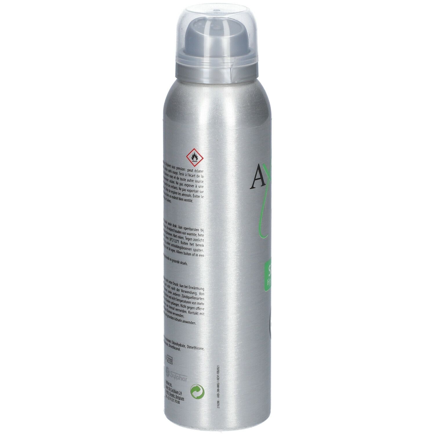 Achterkant van de AxiDeo Sport deodorant spray fles. Tekst in het Duits. Waarschuwing en milieukeurmerk.