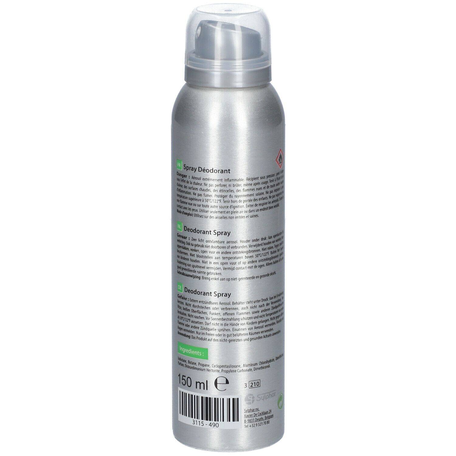 Achterkant van de AxiDeo Sport deodorant spray fles. Tekst in het Duits. Volume: 150 ml.