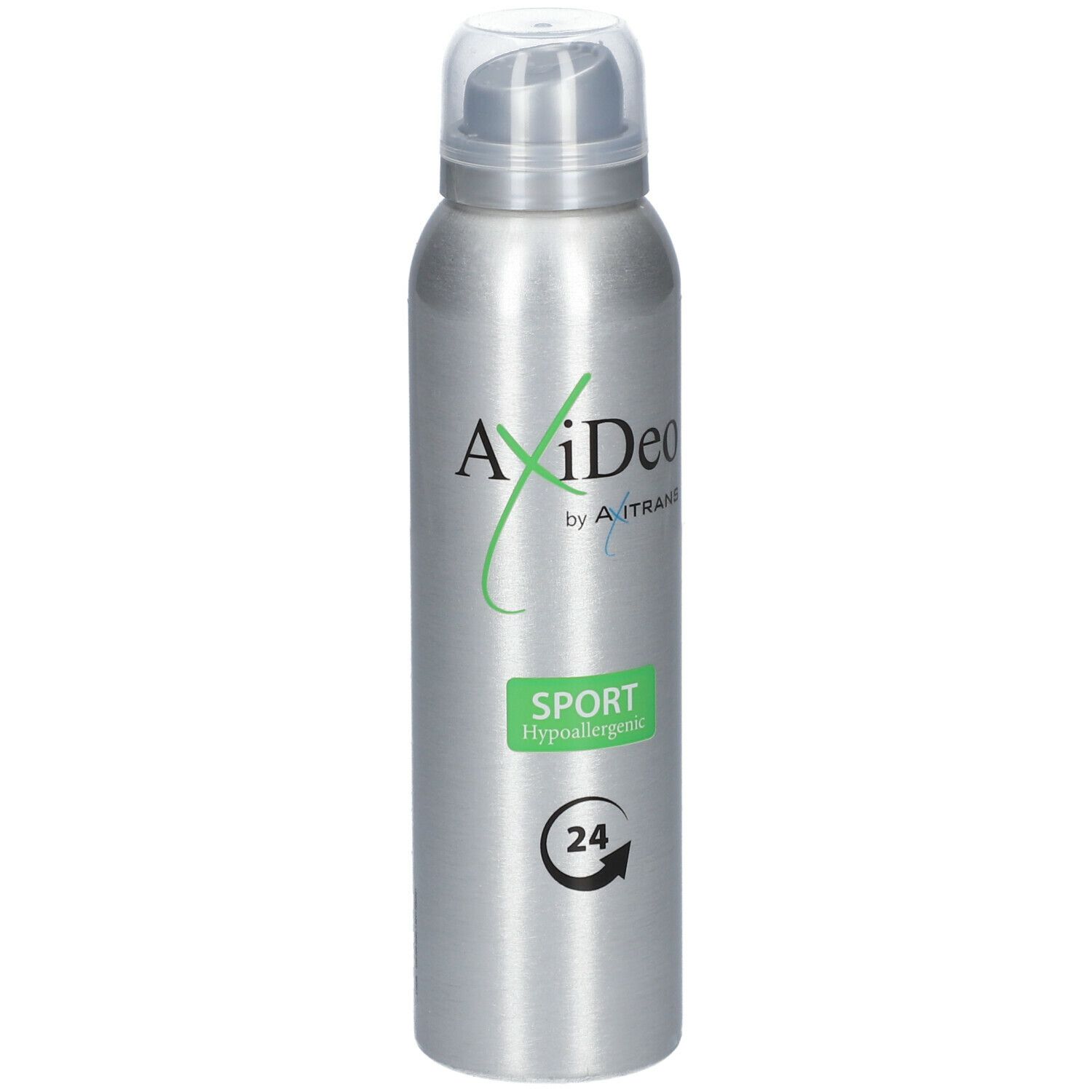 AxiDeo Sport deodorant spray. Zilveren spuitfles met groen etiket. 24-uurs bescherming. Hypoallergeen.