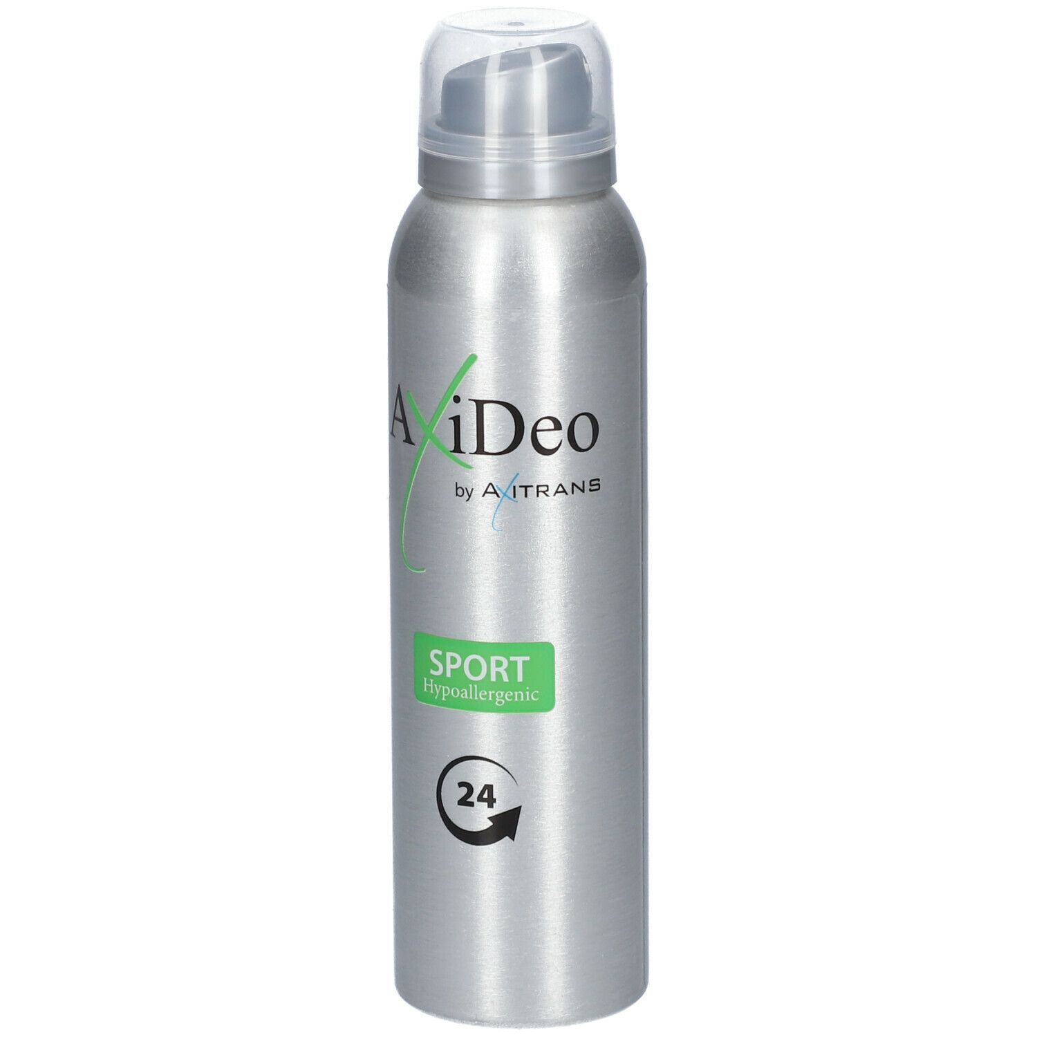 AxiDeo Sport deodorant spray. Zilveren spuitfles met groen etiket. 24-uurs bescherming. Hypoallergeen.