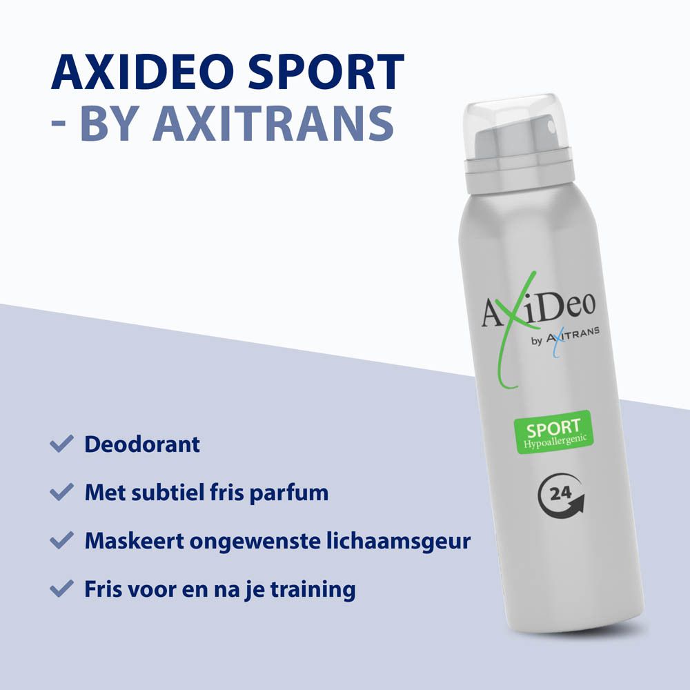 AxiDeo Sport deodorant spray. Productafbeelding met tekst. Deodorant, frisse geur, tegen geur.