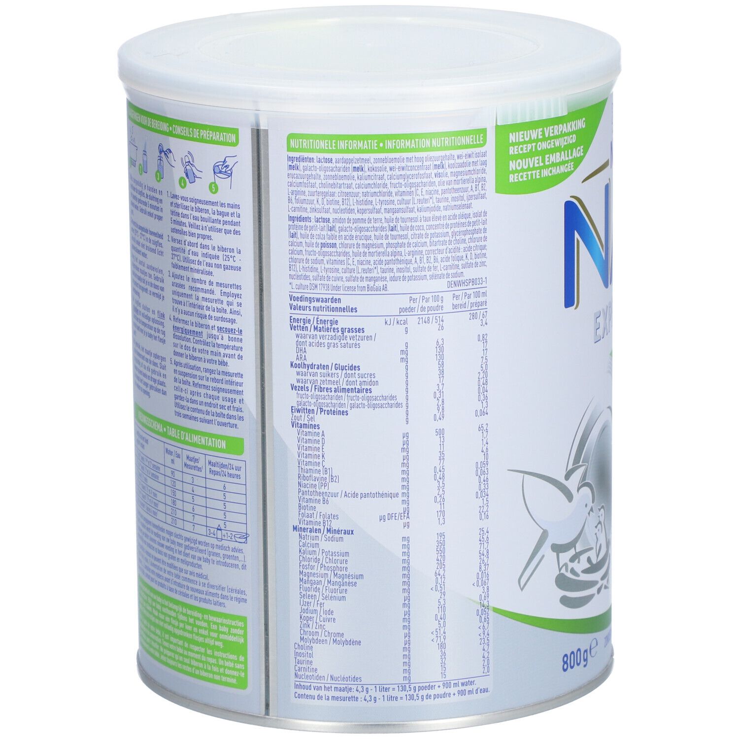 Achterkant van de blik Nestlé NAN Expertpro Complete. Bevat voedingswaarde-informatie en bereidingsinstructies. 800g.