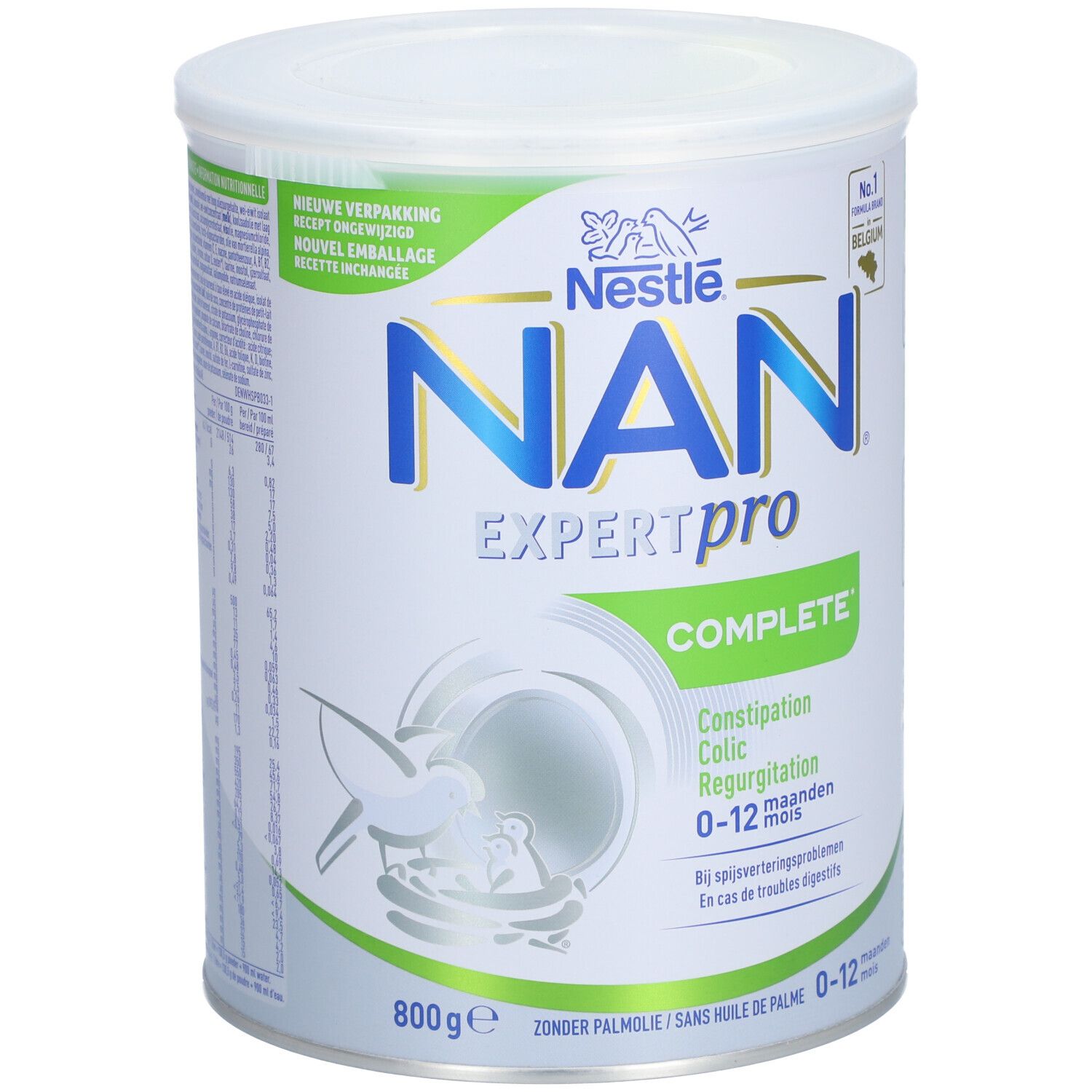 Blik Nestlé NAN Expertpro Complete. Informatie over constipatie, koliek en regurgitatie. Voor baby's van 0-12 maanden. 800g.