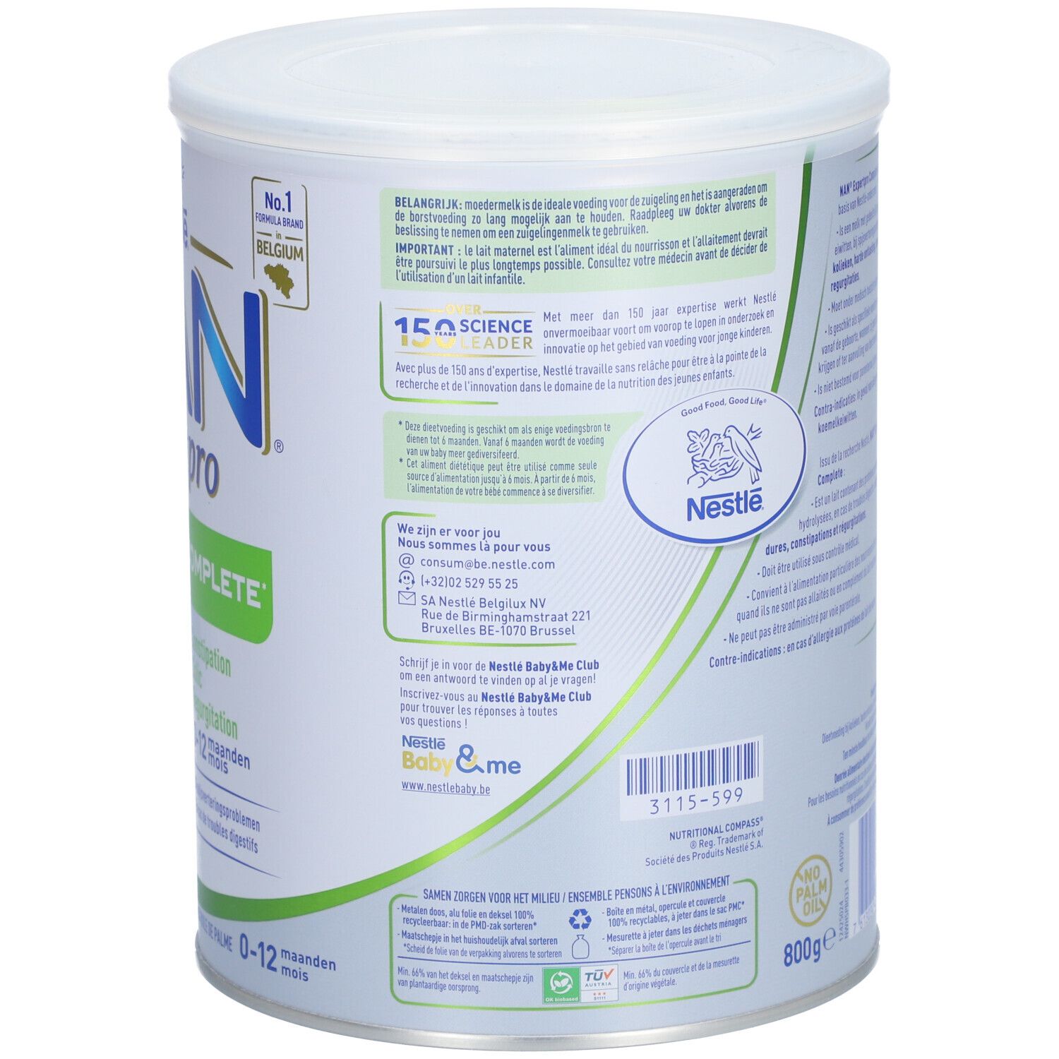 Achterkant van de blik Nestlé NAN Expertpro Complete. Bevat informatie over gebruik en ingrediënten. 800g.