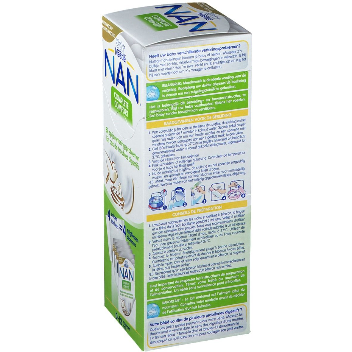 Retro della confezione Nestlé NAN Complete Comfort. Testo multilingue. Contiene informazioni sulla preparazione e l'uso.